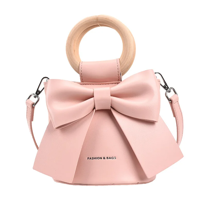 

2022 Fashion Bow Women's Messenger Bags Fashion PU Bucket Bag with Wooden Handle, Customized color