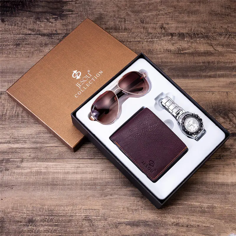 

Popular Gift Set Luxury Casual Sunglasses Wallet Watch Sets Men Watch Leather Quartz Watches Business Gift Set, Brown/black