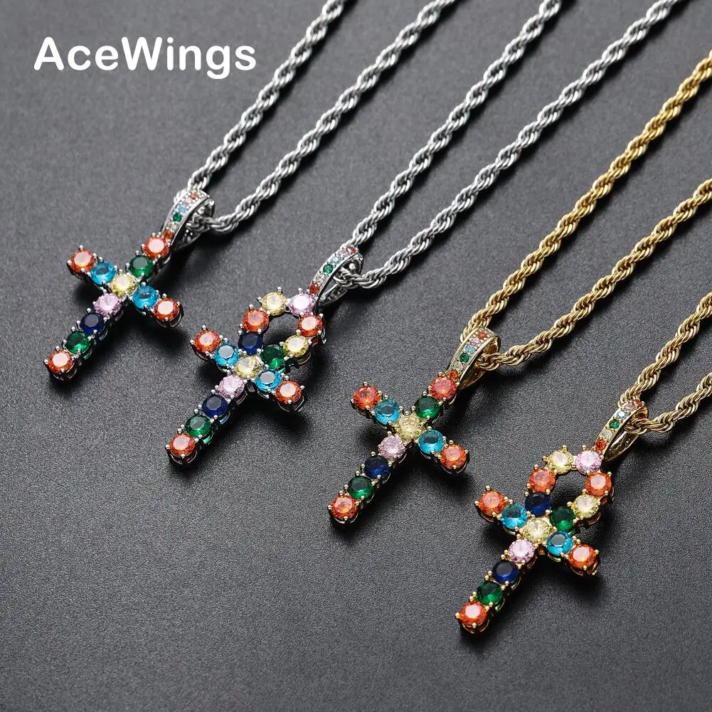 

CN185 Colorful Zircon Hip Hop Anha cross Pendant Copper Setting CZ stones Necklace Jewelry for men and women