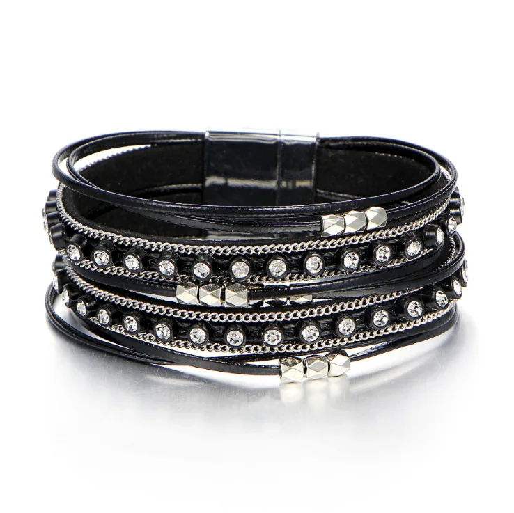 

Fashion Bohemia Leather Bracelet with Multilayers Crystal Jewelry Gift Bracelets with Magnetic Clasp, Silver, black, blue