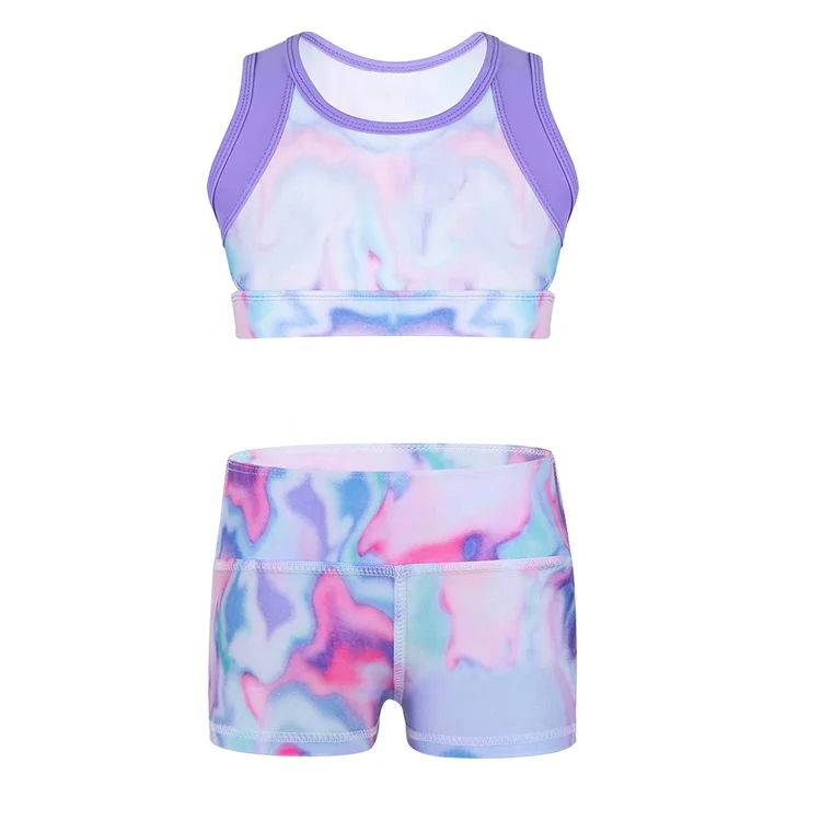 
Kids Colorful Ballet Crop Top Shorts girl cut High Waist 2pcs Gymnastics Leotard for Ballet Stage Performance Workout 