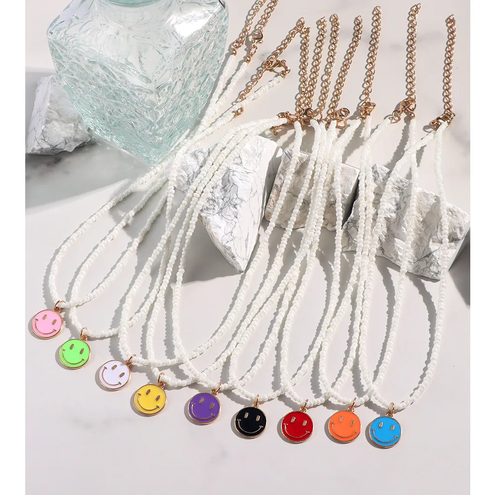 

2021 Bohemian Handmade Acrylic Rice Beads Clavicle Chain Cute Candy Color Smiley Enamel Choker Necklace For Womens, Mixed color