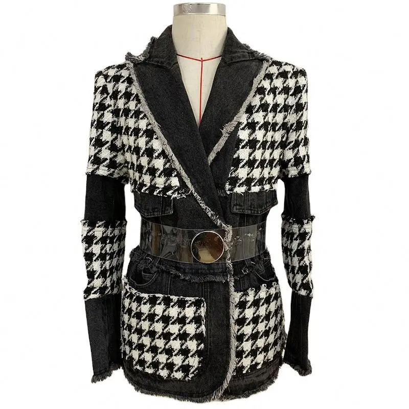 

2022 new arrivals wholesale high quality houndstooth tweed denim women jackets with belt