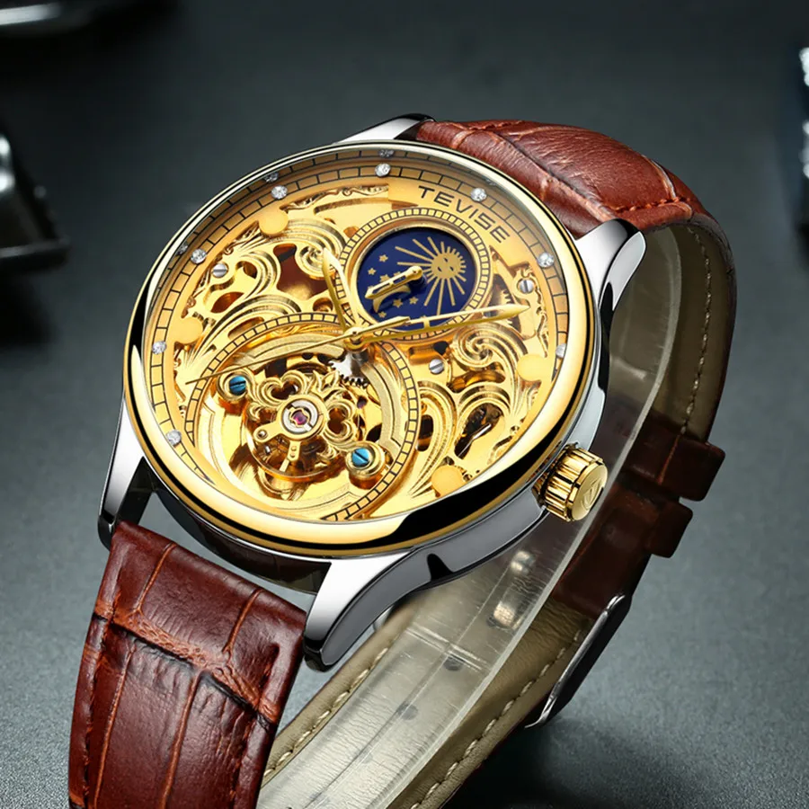 

TEVISE 820A skeleton Tourbillion gents mechanical watch Genuine Leather Strap water resist luxury vintage automatic wristwatch