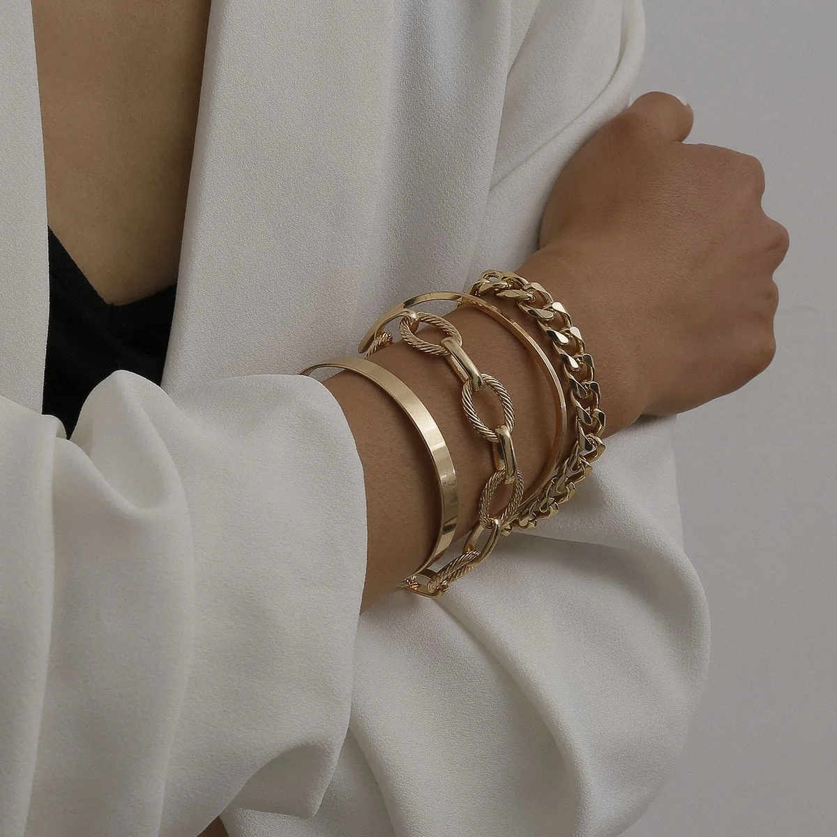 

gold plated twist chain charm bangle bracelet set female bangle bracelet women cuban link bracelet, As photo