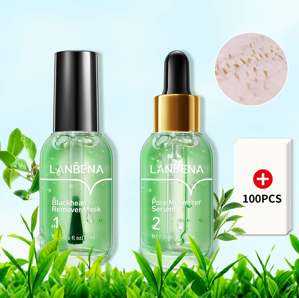 

Hot sale LANBENA Face Nose green tea blackhead acne removal pore remover minimize serum set, As photo