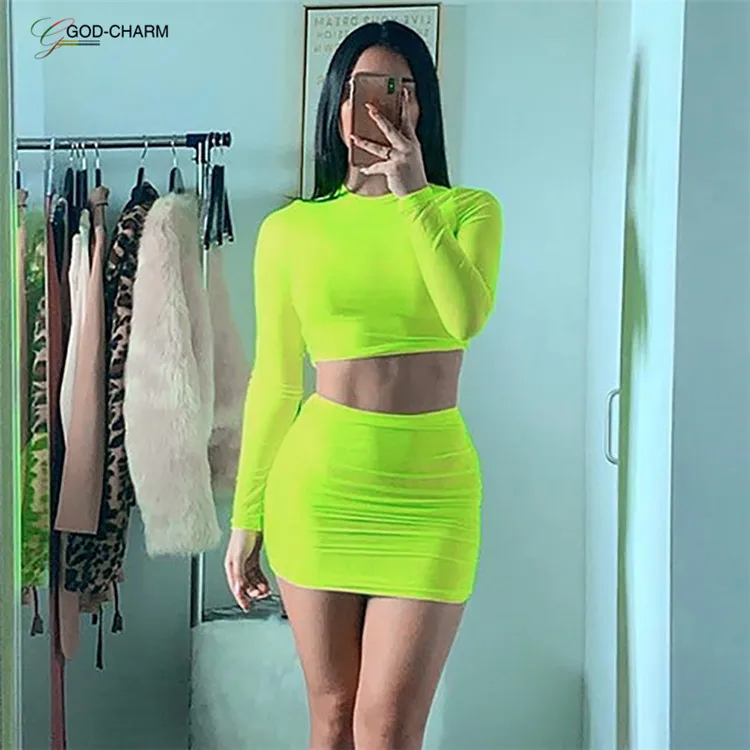 

*GC-86970577 2020 new arrivals Wholesale prom women lady neon green two piece pleated dress long sleeve top and skirt set