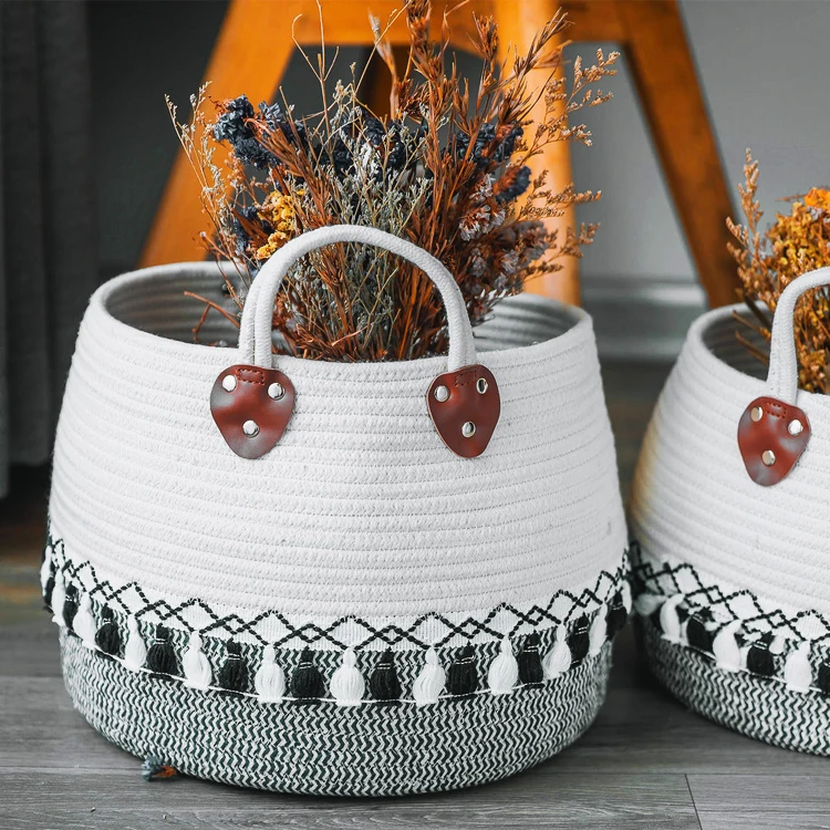 

Henan handmade hanging cope collapsible woven storage baskets cotton rope planter hand-woven with handles