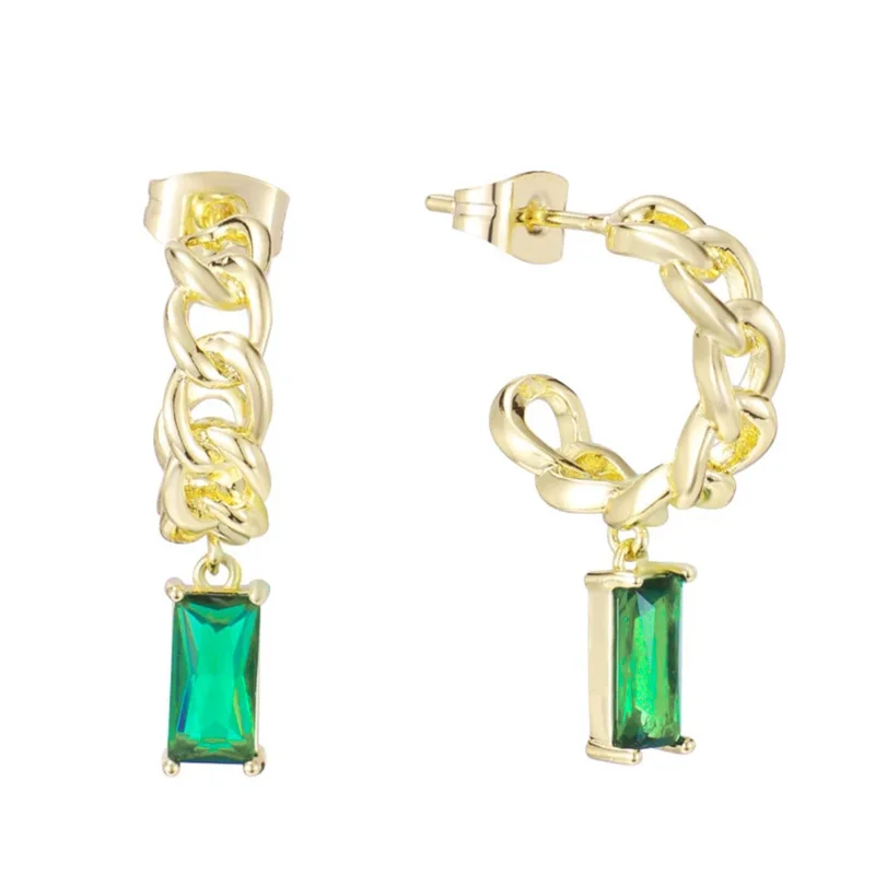

New Arrival 18k Gold Plated C Shape Rectangle Diamond Drop Earring Emerald Zircon Pendant Link Chain C Shape Earrings