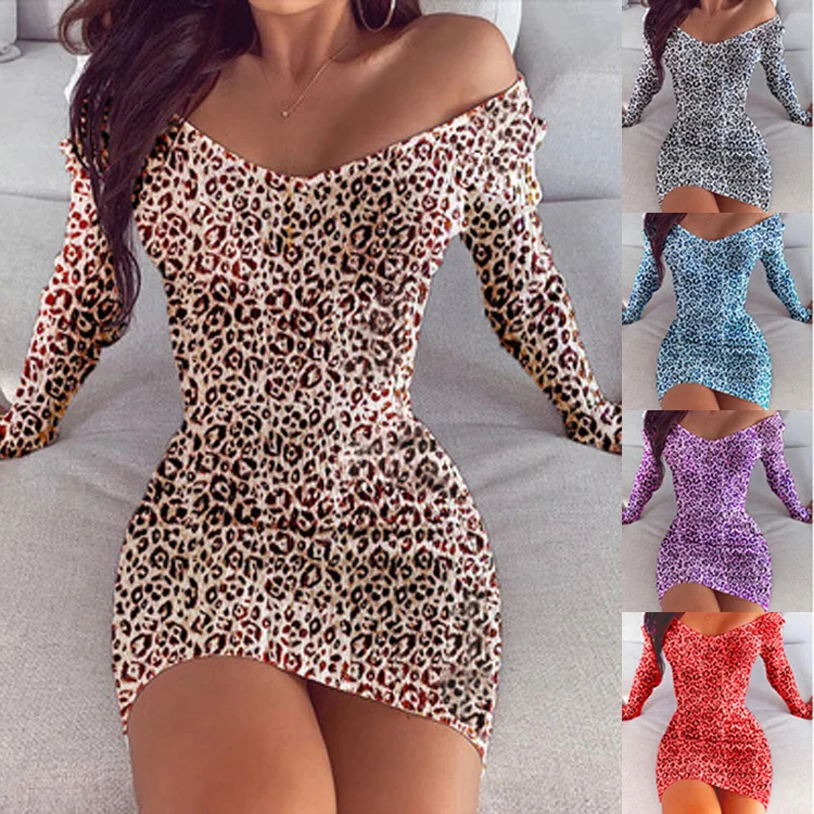 

Leopard Print Long sleeve dress elegant women casual bodycon mini dresses, Photo color