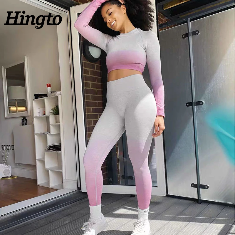 

Women Fashion 2 Pieces Crop Top And Leggings Long Sleeve OEM Service Yoga Pants Seamless Set fitness yoga wear apparel stock