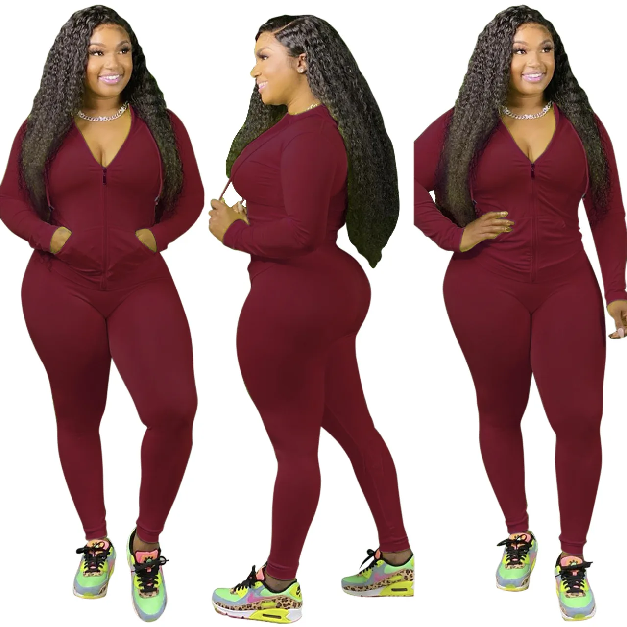 

Spring Autumn simple casual sports Hooded zipper Long sleeve coat Leggings Set Comfortable two piece Woman Clothing, 7 colors