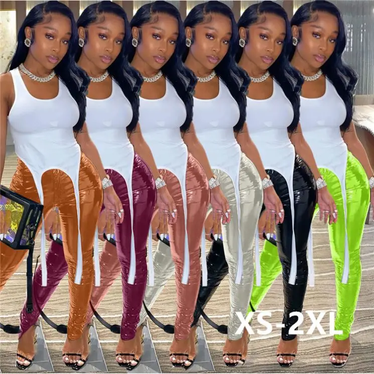 

Plus Size High Waist Liquid Skinny Bodycon Green Black Pink Burgundy White Pu Shiny Split Ruffle Moto Stack Leather Pants Women, Picture