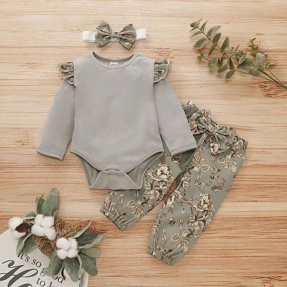 

Newborn Baby Girl Clothes Long Sleeve Bodysuit Ruffle Romper Tops Floral Pants Bowknot Headband 3pcs Toddler Outfits Set M91001