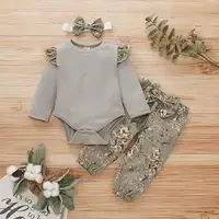 

Newborn Baby Girl Clothes Long Sleeve Bodysuit Ruffle Romper Tops Floral Pants Bowknot Headband 3pcs Toddler Outfits Set M91001