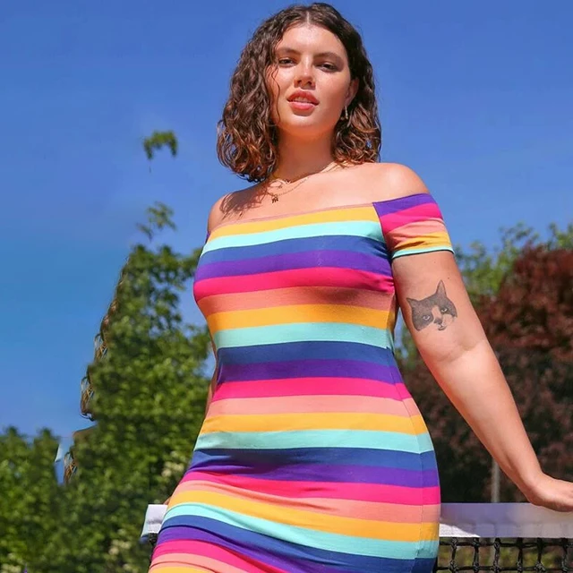 

Contrast Color Striped Boat Neck Short Sleeve Off Shoulder Mini Dress Plus Size Women Summer Dresses -CY, Pink