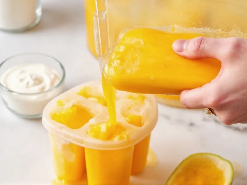 Pouring mango puree into popsicle mold for tropical homemade popsicles