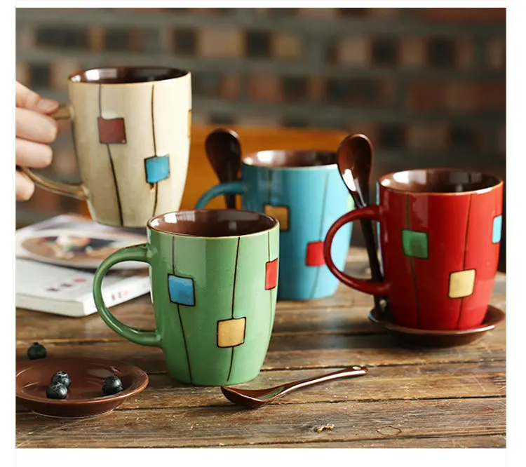 

New creative hand-painted mug with spoon and square drum, As the picture show