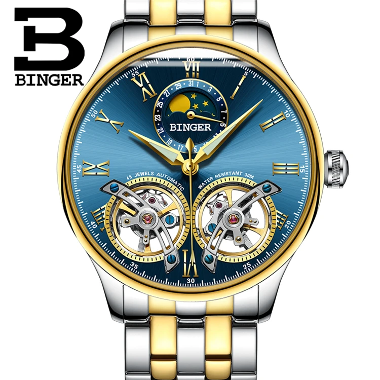 

BINGER 8606A Double Tourbillon skeleton Watch BINGER Business Men Mechanical Wristwatch Automatic Watch relogio masculino