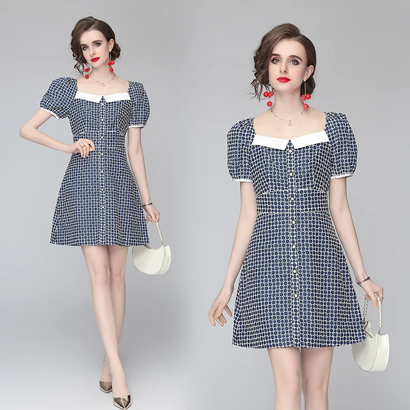 

2021 New Product Fashion Puff Sleeves Square Collar Casual Summer Apparel Womens Dress