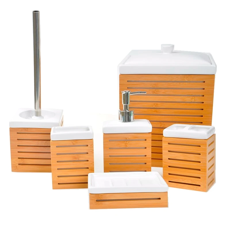 Natural Bamboo Wood 6pcs Ceramic Bathroom Accessories Set Buy