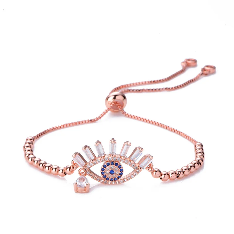 

Dainty Chain Gemstone Devil Eye with Tear Ojo Nazar Bolo Beaded Adjustable Bracelet Rose Gold Plated Fine Jewelry for Women