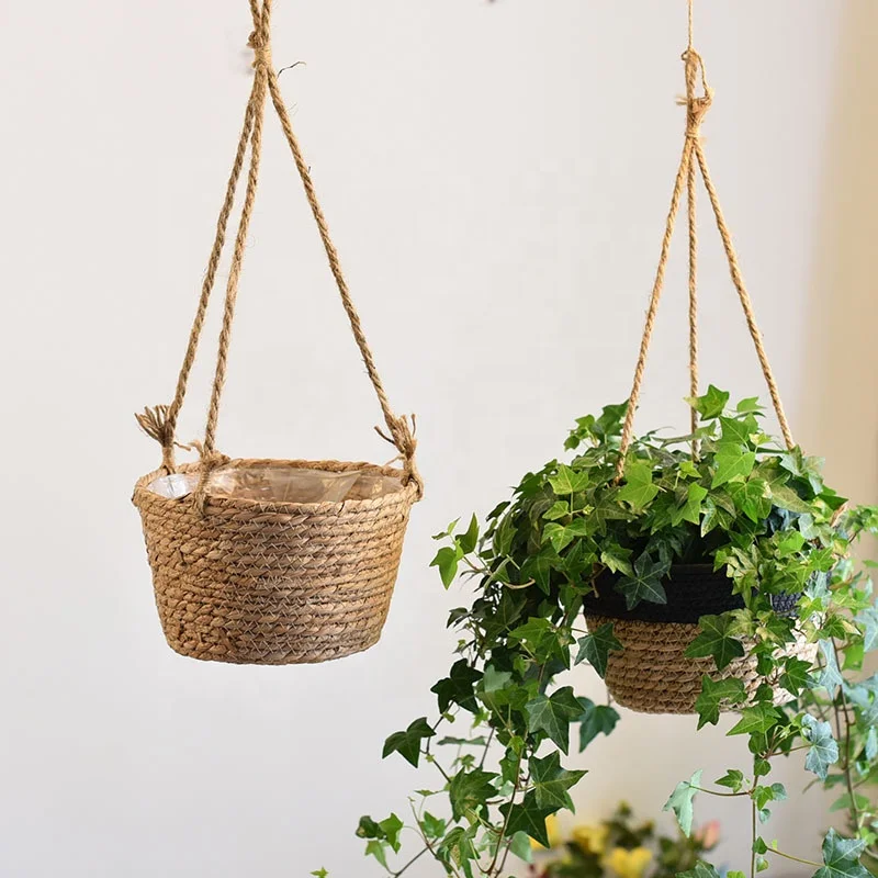 

Home Garden Decoration Green Plant Potted Basket Straw Woven Rattan Hanging Flower Basket