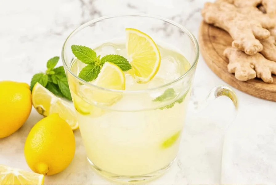 Fresh ginger slices and lemon slices steeping in clear glass pitcher of water, showing natural infusion process