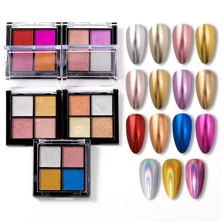 

Hot Sales Solid Magic Mirror Powder Laser Titanium Powder Nail Art Double Color Nail Solid Magic Powder, 4 colors nail powder palette