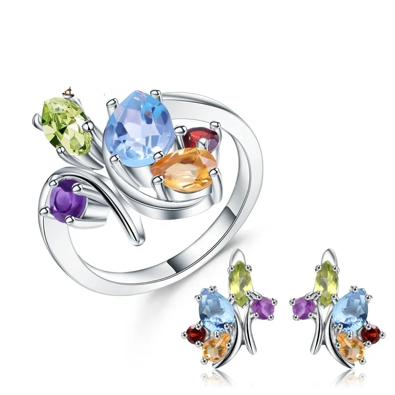 

925 Sterling Silver Multicolored Natural Gemstone Topaz Garnet Amethyst Ring Earrings Jewelry Set, Blue,white