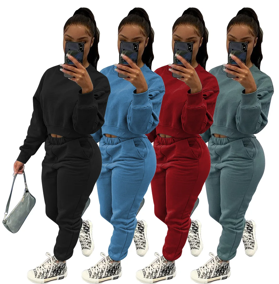 

Wholesale 2021 new arrivals women winter clothes solid color two piece thick hoodie sweat pants set suits, As the picture