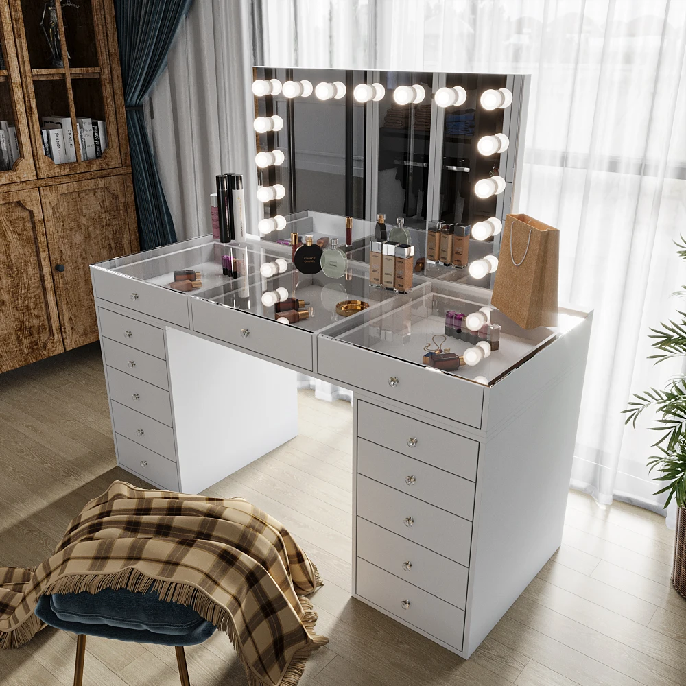 

Modern Vanity Dressing Table with LED Light Mirror Deluxe Make up Table Wood Drawer Dresser Bedroom Furniture Home Furniture MDF