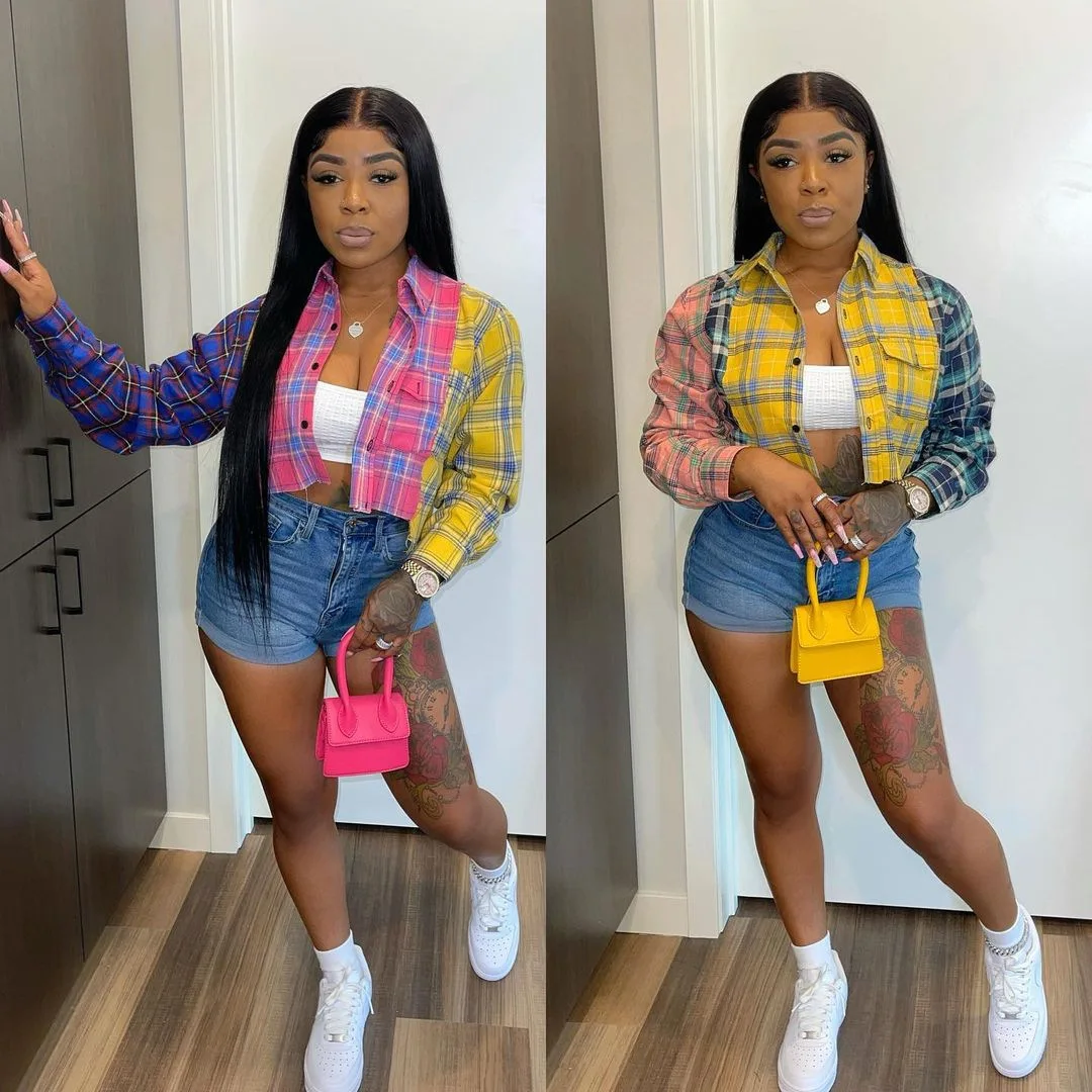 

Shirts for Women Fashion 2021 Long Sleeve Turn-down Collar Colorblock Plaid Blouses Casual New Arrival Autumn Elegant Ladies Top