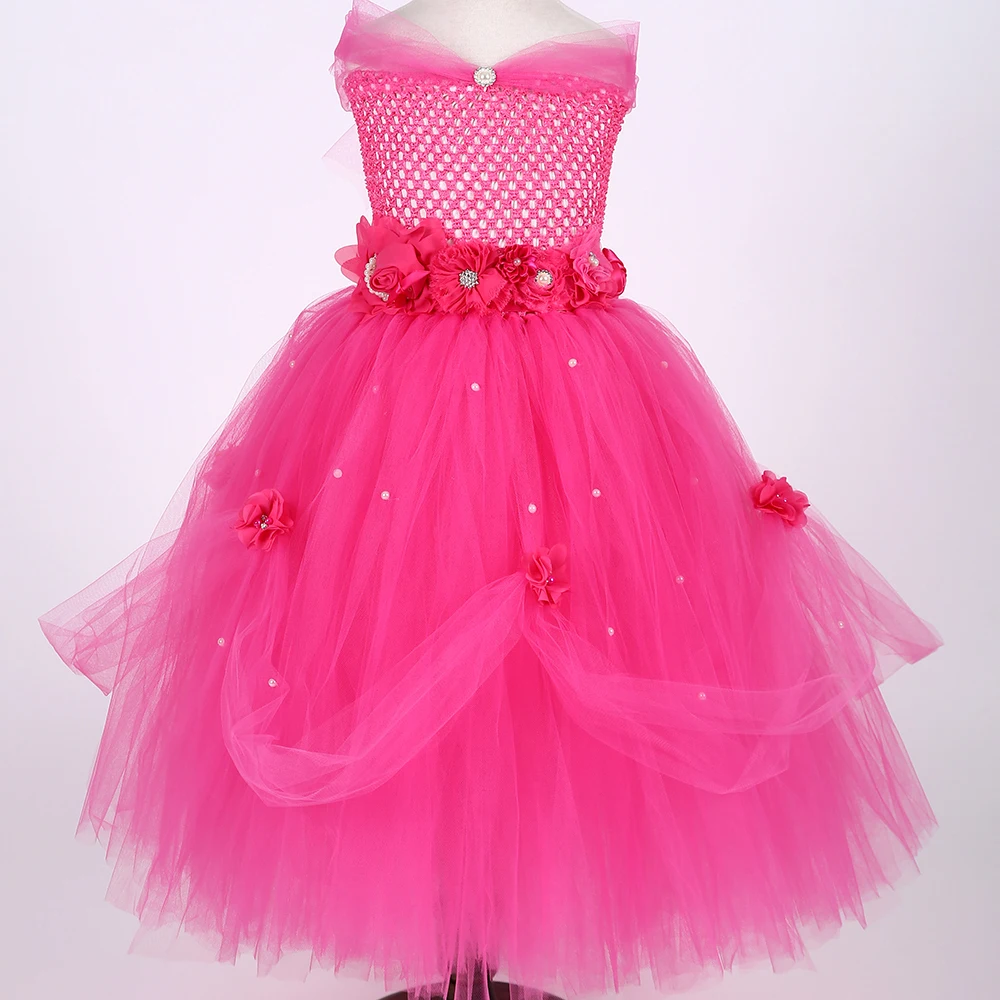 

Amazon Hot Sell Kids Costume Pink Fairy Princess Pearl Flower Birthday Tutu Long Dress For Girls