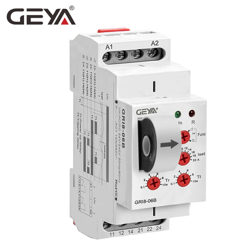 

2021 NEW GEYA GRI8-06 DC Current Sensor Relay 18mm width 2CO 8A AC/DC Current Testing Relay 24V-240V Wide Range