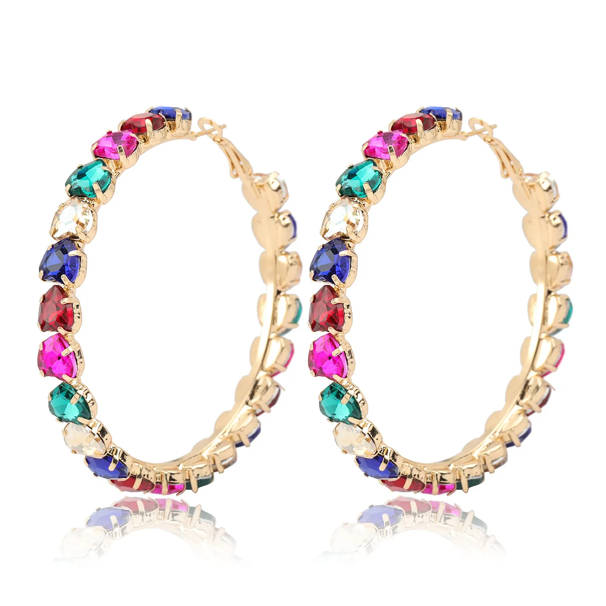 

Simple Jewelry Colorful Heart Crystal Big Circle Hoop Earrings Bohemia Heart Glass Drill Round Clip On Earrings
