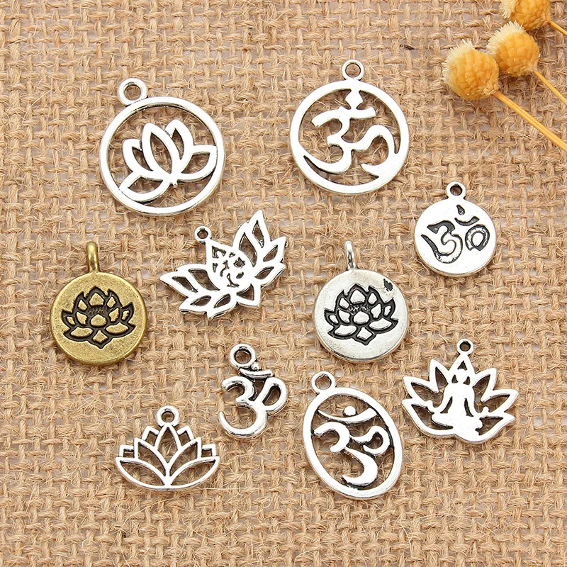 

Wholesale Mixed Yoga OM Lotus Flower Styles Charms alloy Pendants DIY bracelet necklace Jewelry, Picture shows