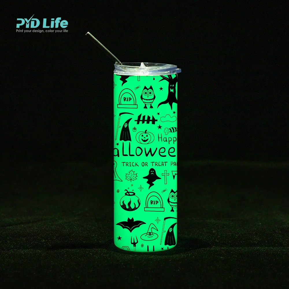 

PYD Life RTS Custom Halloween Mug Tumbler 20 OZ Luminous Skinny White Sublimation Glow in the Dark Sublimation Tumblers, Green/blue