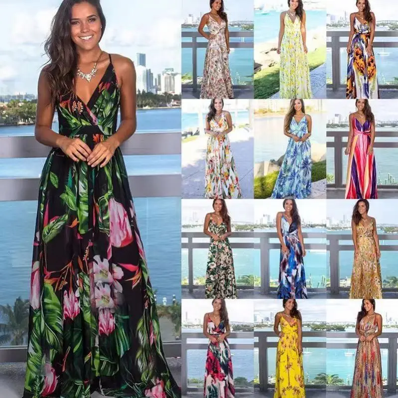 

2021 Multicolor Tropical Jungle Leaf Boho Long Dress Sling Cross Back Women V neck Party Night Elegant Sexy Maxi Summer Dresses