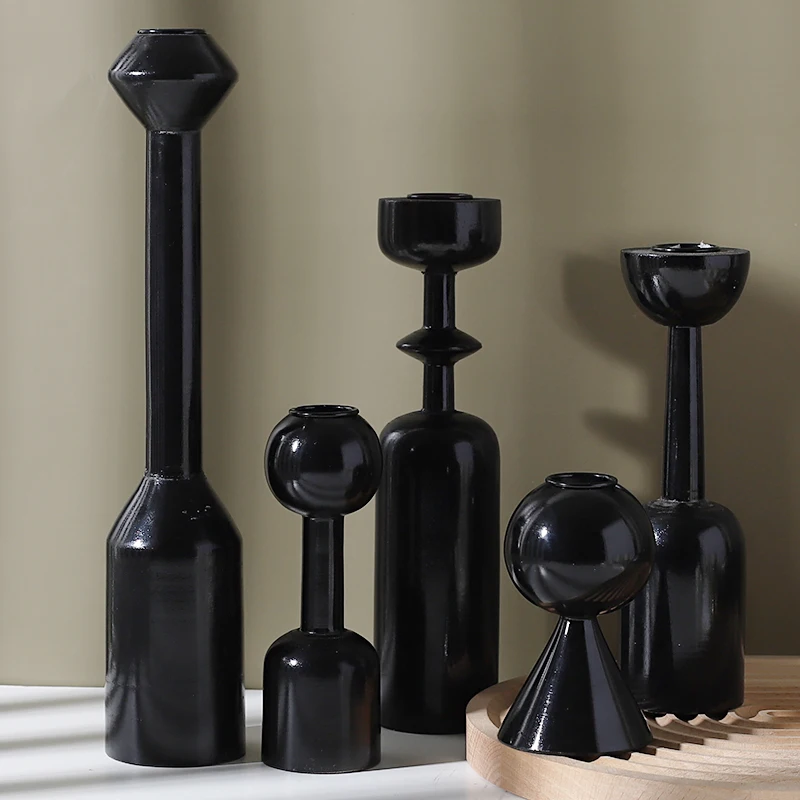 

Ins Style Unique Black Wood Candle Holder Modern Wooden Candelabra Candlesticks