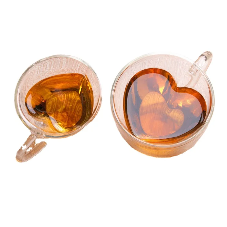 

180 240ml Lovely Heart Shaped Double Wall Insulated Clear borosilicate Glass water Cup mug with handle, Transport