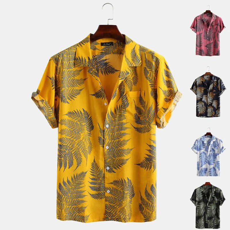 

Men's Colorful Summer Short Sleeve Loose Buttons Casual Shirt Blouse Summer Fashion Print Shirt Loose Beach Hawaiian Shirt, 5 colors