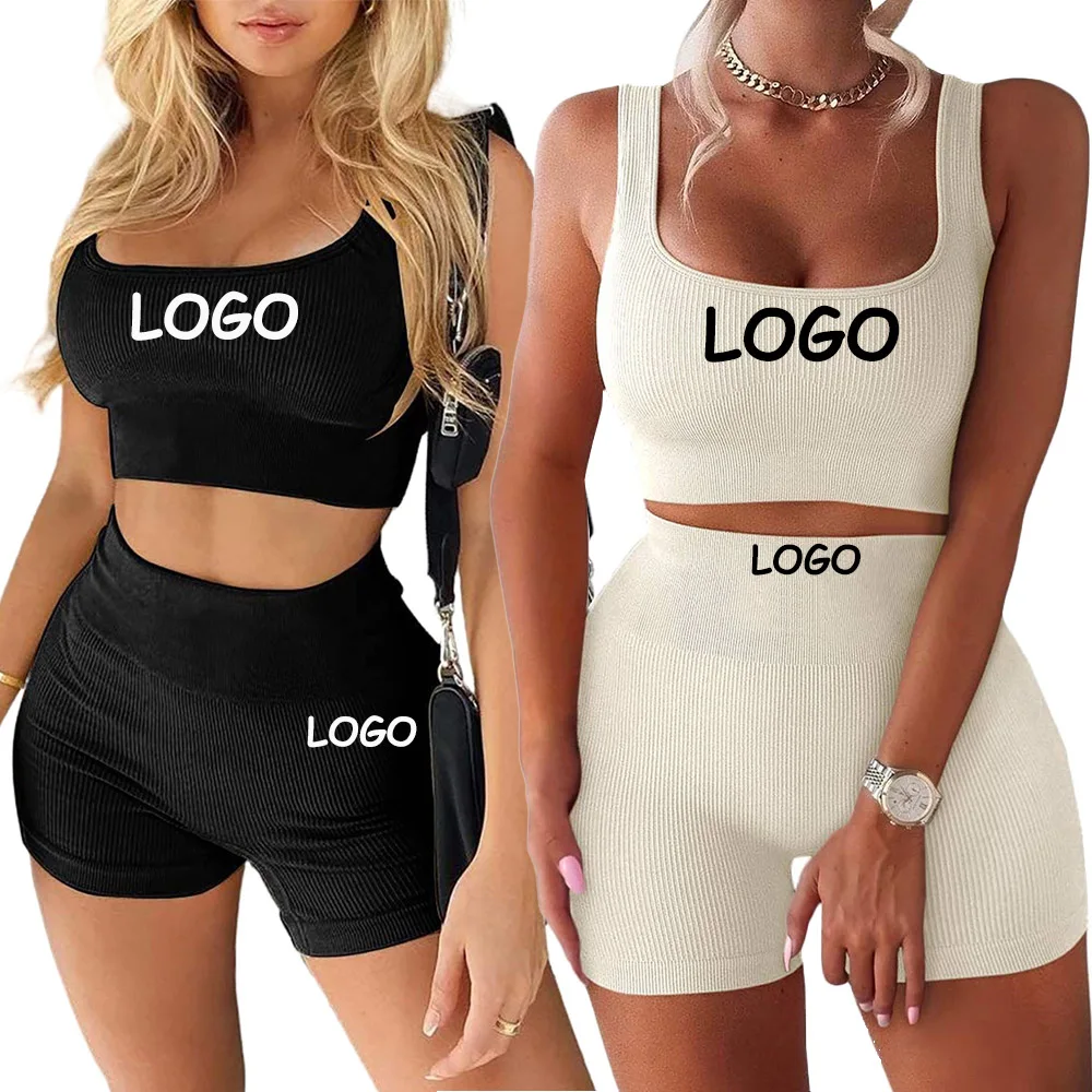 

2022 Fashion Summer Gym Sports Women Clothing 2 Piece Crop Top And Biker Shorts Sets Two Piece Short Set