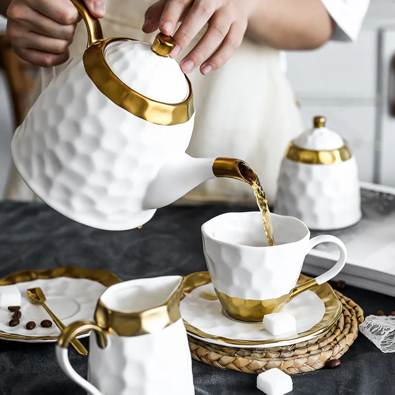 

Nordic Style White Gold Stoneware Creative Personalised Porcelain Mug Saucer Kettle Set Afternoon Tea Set