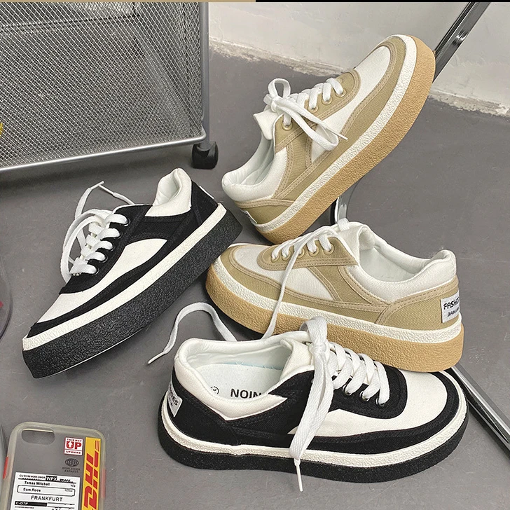 

New Arrivals 2022 Female Casual Platform Skateboard Sneakers Lace Up Walking Trendy Women Shoes, Black/beige