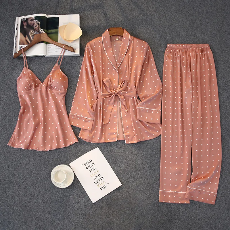 

Loose pajamas women's summer ice silk Three Piece Pajamas women's spring and autumn ice silk suspender pants suit Nightgown, Lotus root color