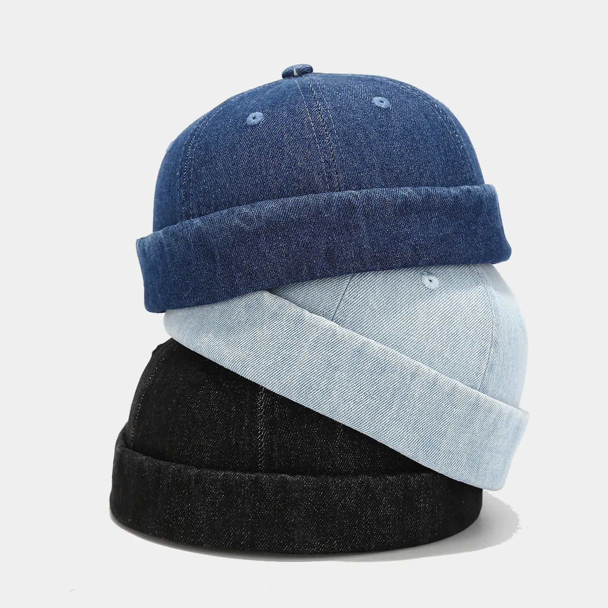Harbour Hat Adjustable Mens Denim Brimless Skullcap Sailor Cap Rolled Cuff Retro Work Beanie Hat