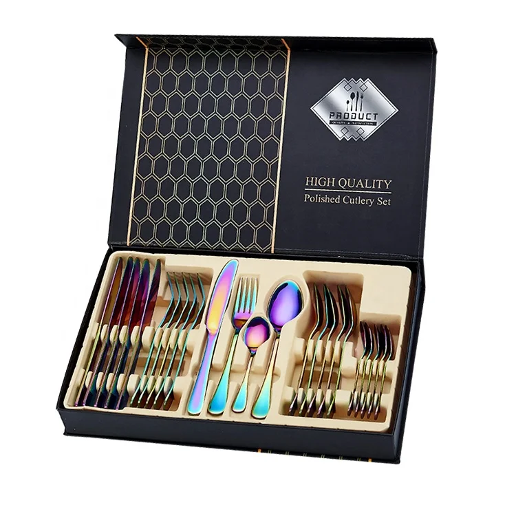 

Premium Gift Box Packing Service for 6 with Knife Fork Spoon Silverware Set, Sivler/rose gold/gold /black/rainbow