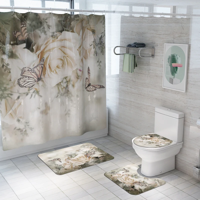 New Shower Curtain Lid Toilet Cover Bath Mat Rug with Hooks Bathroom Accessory Sets