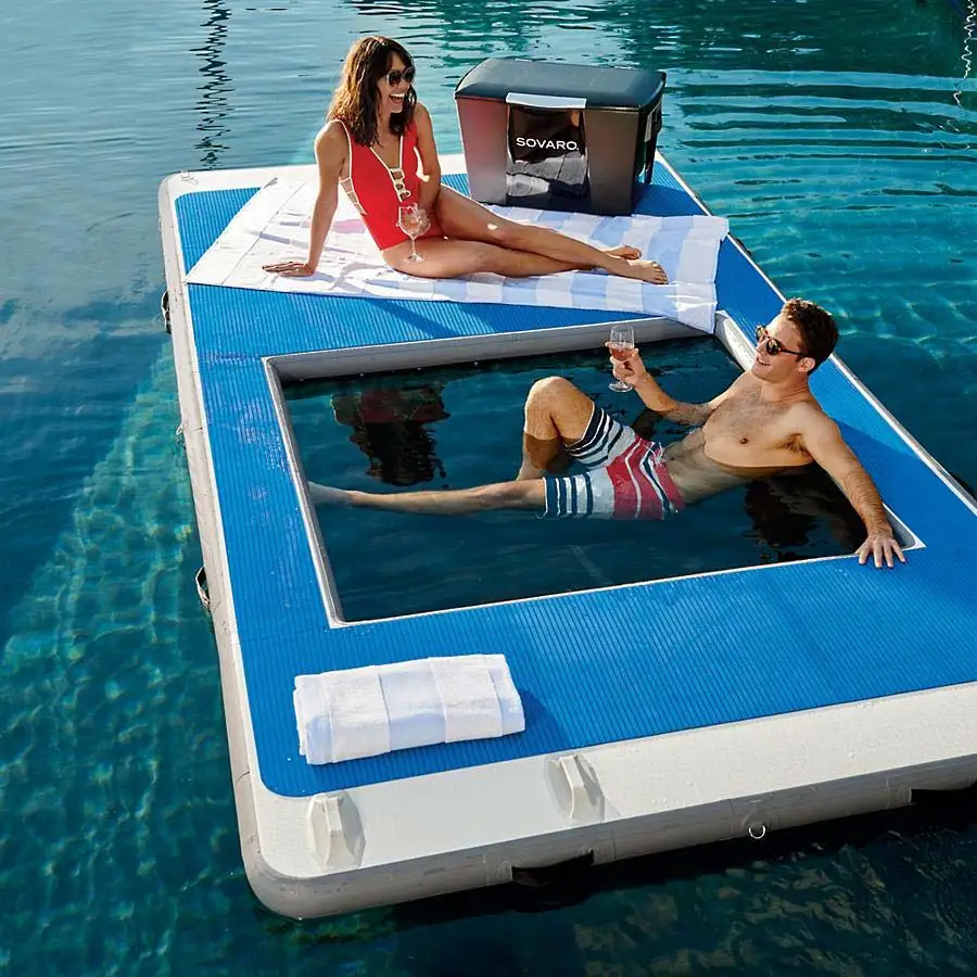 

STOCK 4.2x2m Drop Stitch Inflatable sea floating Island Lake Lounger pad raft dock platform swimming pool with hammock